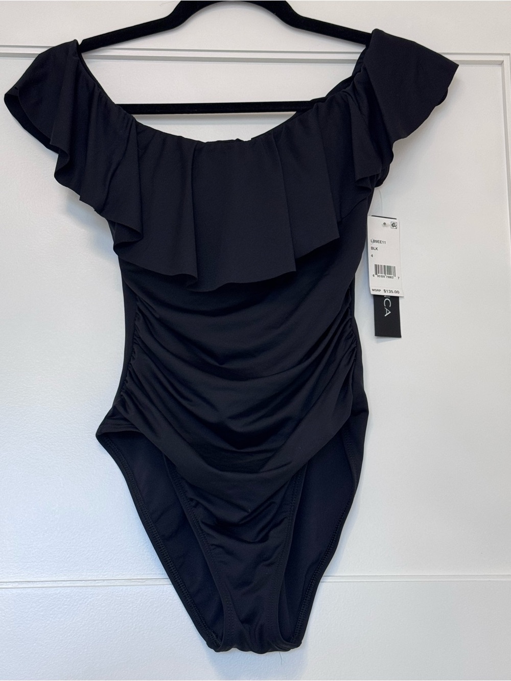 Black Ruffle Off-Shoulder One-Piece Swimsuit for Women